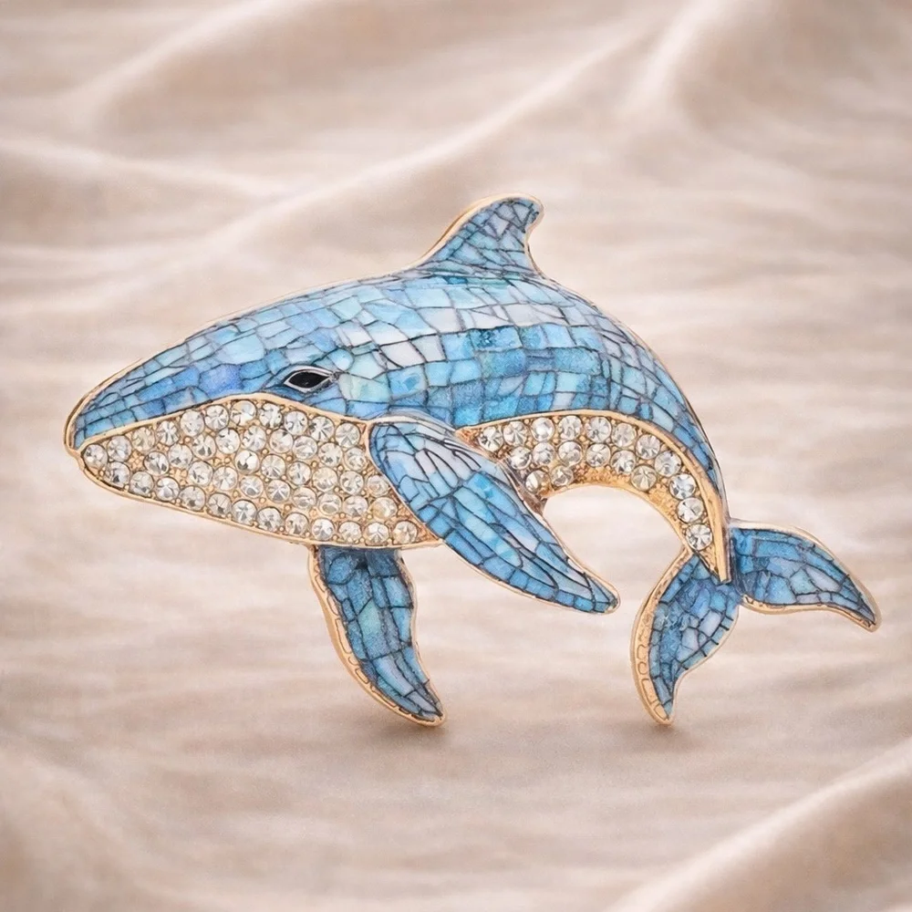 Anthropologie Blue and Gold Whale Brooch